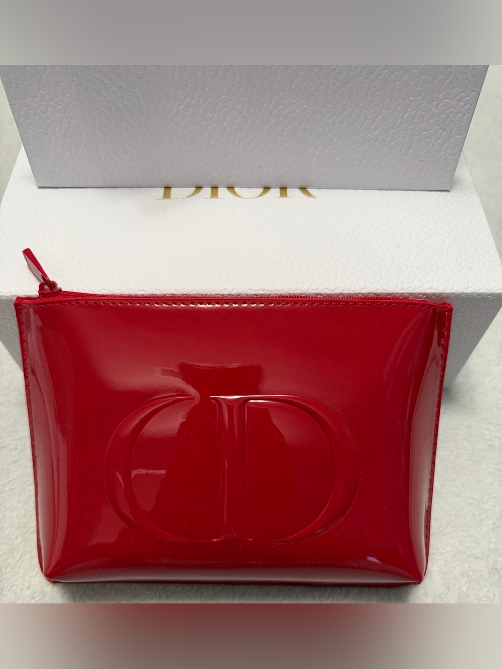Dior Red Patent Cosmetic Pouch with Embossed CD Logo